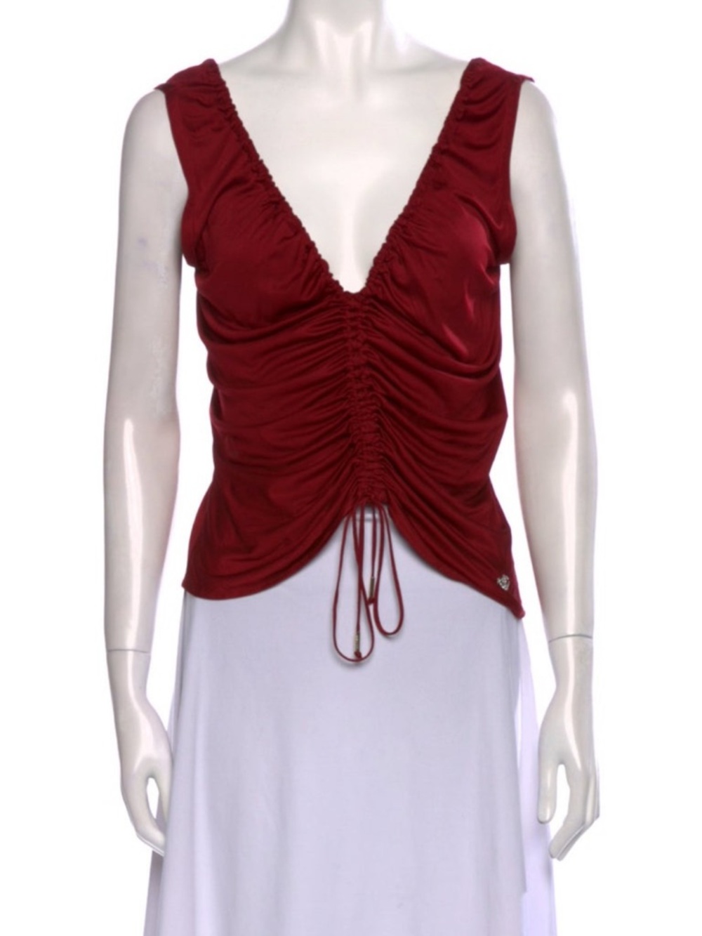 Roberto Cavalli Burgundy Ruched V-Neck Tank